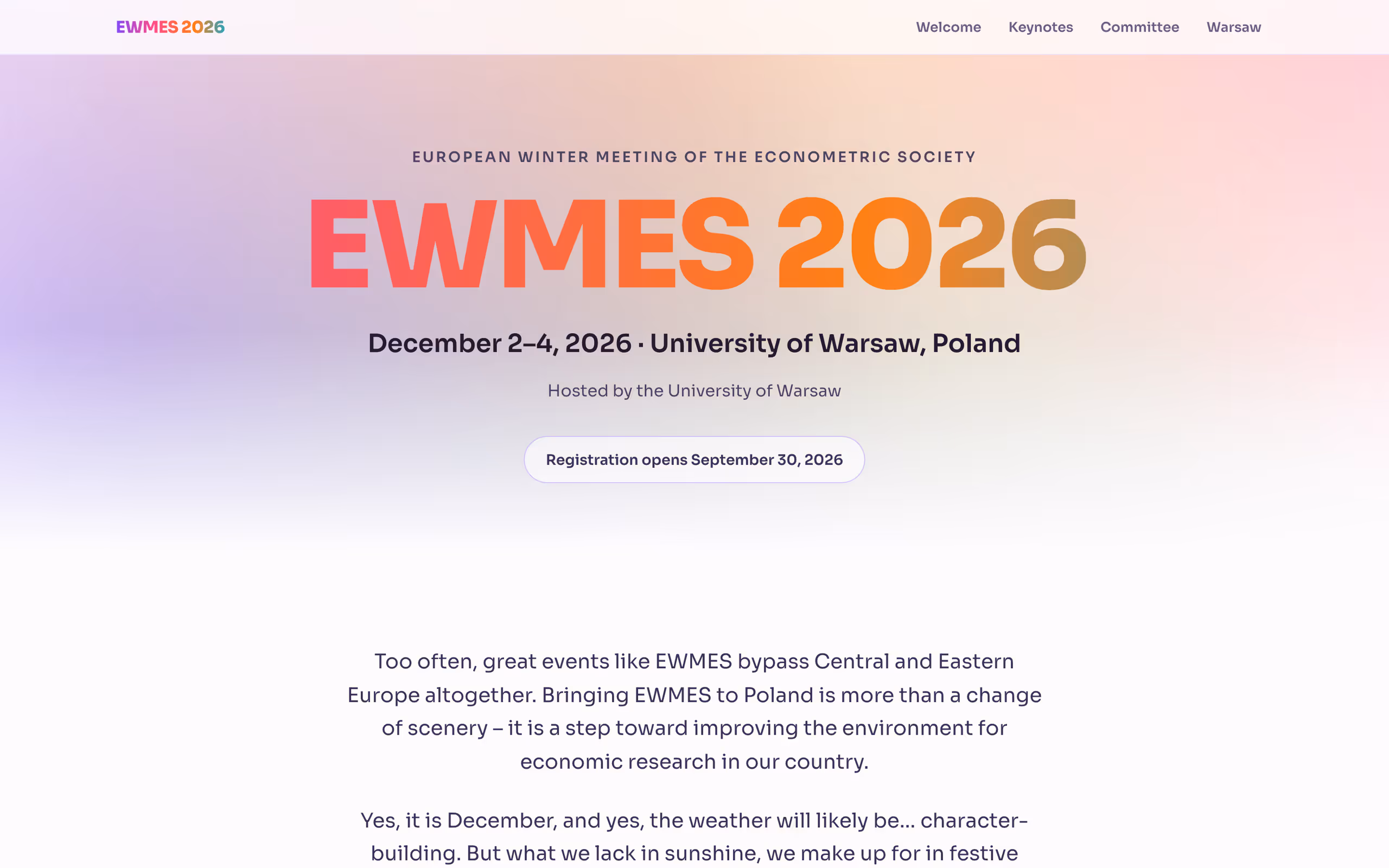 Pierwszy ekran strony EWMES 2026: gradientowy napis EWMES 2026 na jasnej aurorze, data konferencji i informacja o otwarciu rejestracji.