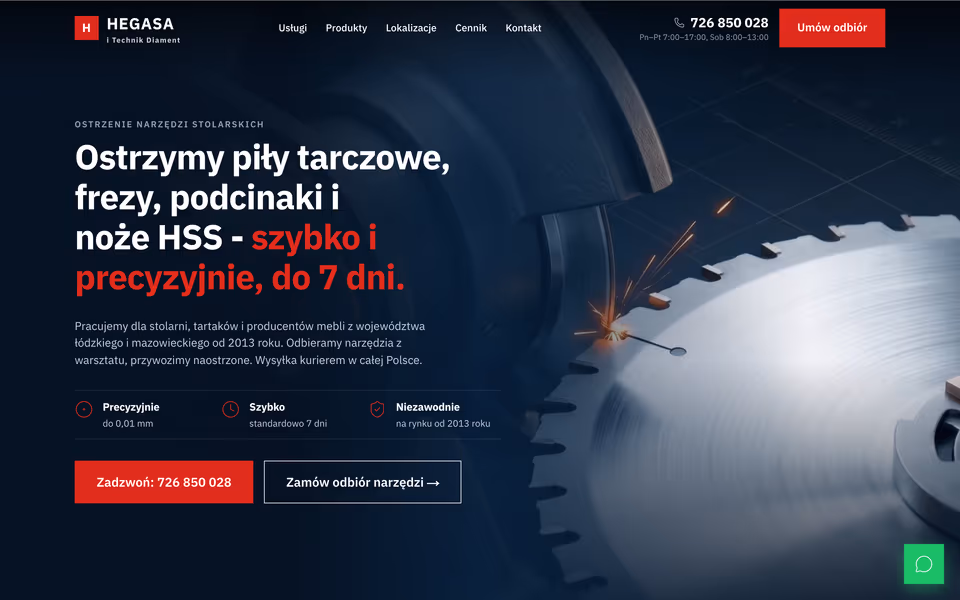 Pierwszy ekran strony Hegasy: hasło o ostrzeniu pił, frezów, podcinaków i noży na tle zbliżenia tarczy piły w ostrzarce.